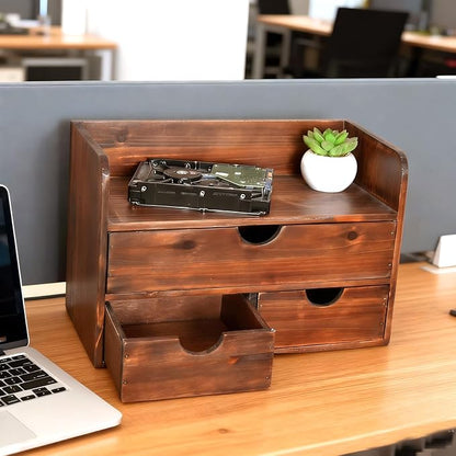 Vintage Rustic Brown Wooden 3 Drawer with Shelf Office Desk Organizer & Mail Rack For Desktop,Box for Office Home Toiletries Supplies Vanity, No Assembly Required (Brown)