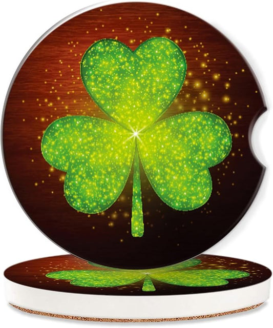 Green Clover Glitter Car Cup Holder Coaster,St. Patrick Day Car Coasters for Cup Holder,2 PCS Absorbent Insert Ceramic Car Assecories with Cork Back & Finger Notch for Women Men