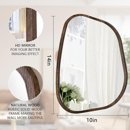 Asymmetrical Mirror Irregular Oval Wall Mirror Modern Wood Frame Unique Shape Wall Mounted Vanity Artistic Mirror Decorative for Living Room Bedroom Bathroom Entryway Hallway 14"x10"