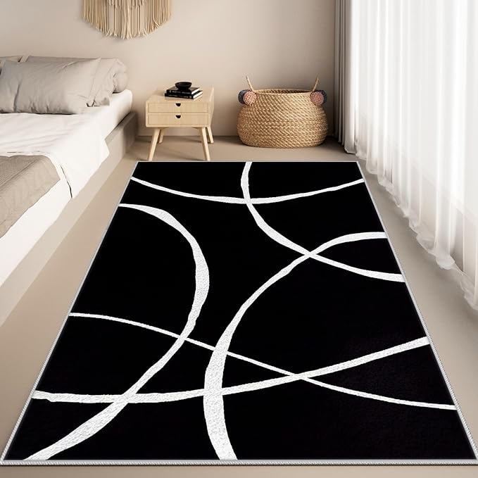 Black and White Rugs, Abstract Rug, Modern Minimalist Rug, Curved Line Design Carpet, Black and White Abstract Rugs Washable Non Slip for Living Room Home Decor 3x5