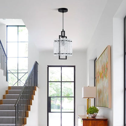 Black Glass Pendant Lights Kitchen Island, Modern Pendant Light Fixtures with Water Ripple Glass Square Pendant Lighting for Dining Room Kitchen Island