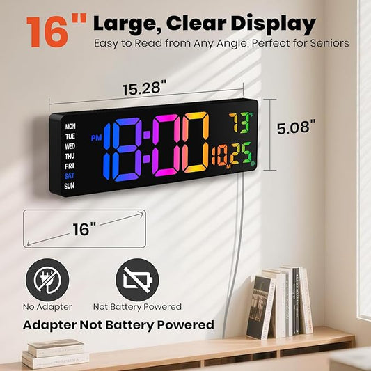 16" Large Digital Wall Clock,9 RGB Colors Digital Clock Large Display with Remote Control,Auto-Dimming,Countdown,Temp,Night Lights for Classroom,Living Room,House Warming, for Elderly