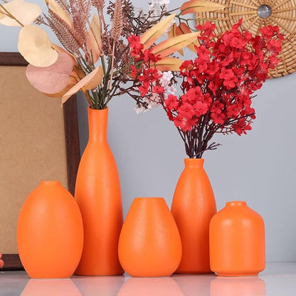 Orange Ceramic Small Vase Set of 5 - Modern Orange Decor Small Bud Vases for Floral Arrangements, Centerpieces for Weddings, Dinner Parties, Table Settings, Foyer, Bathroom Decorations