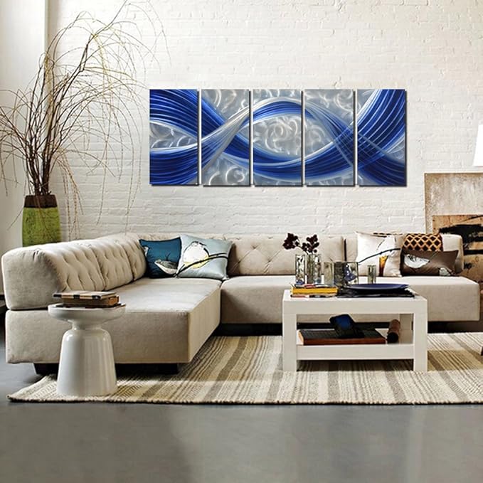 MyArton Metal Wall Sculpture, Aluminum Wall Art, Abstract Metal Wall Art, Dark Blue and Silver, 5-Panels 65" x 24" for Living Room, Bed Room, Dining Room, Kitchen, Office, Indoor and Outdoor