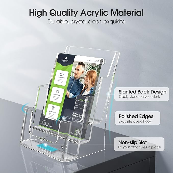 MaxGear Brochure Holder 3 Tier 6x9 inch Acrylic Literature Display Stand Clear Plastic Flyer Holder Wall Mount or Countertop Use for Pamphlets, Booklets, 1 Pack