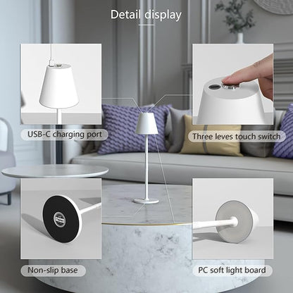 4-Pack Cordless Table Lamps - 5000mAh Rechargeable Battery Operated Desk Lamp, 3-Level Dimmable LED Night Light for Bedroom, Dining, Restaurant - Metal Design(White 4PACK)