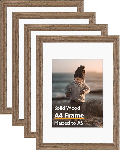 KINLINK A4 Picture Frame, Brown Wood Solid Wood Frames with Acrylic Plexiglass for Pictures A5 with Mat or A4 without Mat, Tabletop and Wall Mounting Display 4 Pack