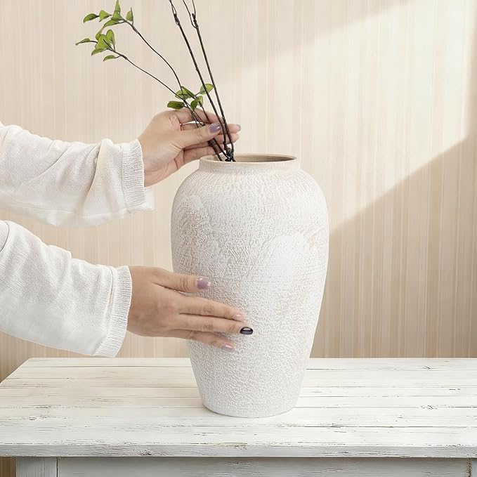 Ceramic Flower Vase Home Decor, 11" Large Farmhouse Table Vases Rustic Vintage Living Room Kitchen Bedroom Decorations for House Book Shelf Office Coffee Desk Dining Fireplace