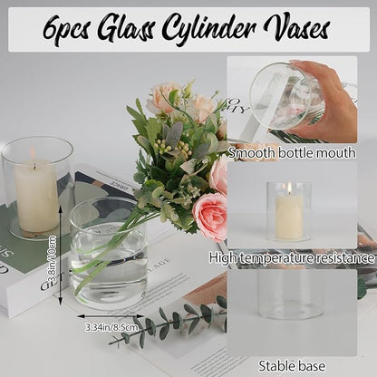 6pcs Glass Cylinder Vases for Centerpieces, 4 Inch Small Clear Glass Flower Vases Floating Candle Holder Vase for Wedding Birthday Party Decoration Home Table Decor