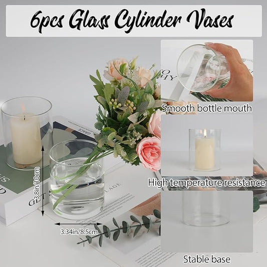 6pcs Glass Cylinder Vases for Centerpieces, 4 Inch Small Clear Glass Flower Vases Floating Candle Holder Vase for Wedding Birthday Party Decoration Home Table Decor