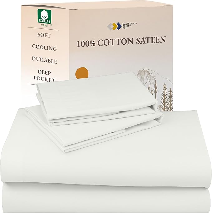 California Design Den Deep Pocket Queen Sheets Set - Natural 100% Cotton Sheets Queen Size Bed Set, Soft Sateen Weave, Breathable and Durable Bedding Ivory (Eggshell)