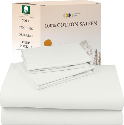 California Design Den King Sheet Set - Natural 100% Cotton Sateen Sheets King Size Set with Deep Pockets, Soft Sateen Weave, Breathable and Durable Bedding Ivory (Eggshell)