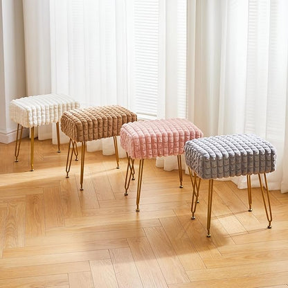 IBUYKE Rectangular Footrest Stool Ottoman, Makeup Vanity Stool Side Table, Velvet Dressing Table Seat, Footstool Chair, Golden Steel Legs, for Makeup Room, Bedroom, Square Grid Pattern, Pink WBD003P