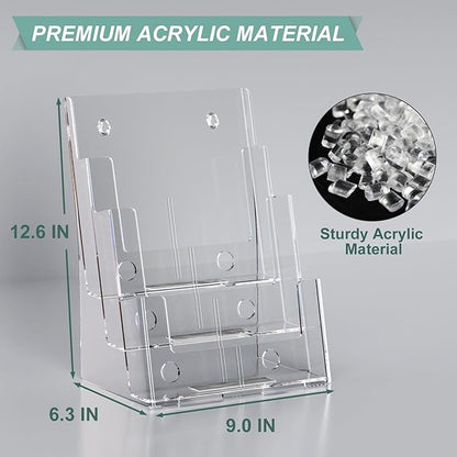 Argvey Acrylic Brochure Holder 8.5 x 11 inches, 3 Tier Clear Literature Holder with Removable Divider for Trifold 4 Inches Wide Pamphlet, Plastic Flyer Display Stand for Magazine, Document, Booklet
