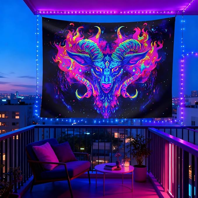 seewan Black Light Aries Tapestry, Glow-in-the-Dark UV Neon Ram Head with Galaxy Flames Tapestry, Psychedelic Constellation Wall Hanging, Bedroom Dorm Living Room Background Decor