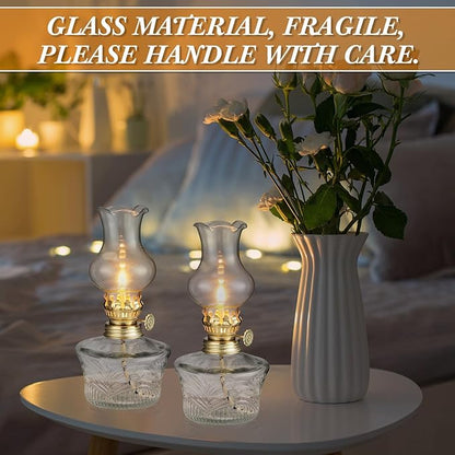 Yexiya 12 Pcs Chamber Oil Lamps Oil Lamp Vintage Glass Kerosene Lamp Bulk with Adjustable Fire Wick Rustic Clear Hurricane with 6.6 ft Extra Wick for Indoor Use Home Decor 8 Inch (Line Style)