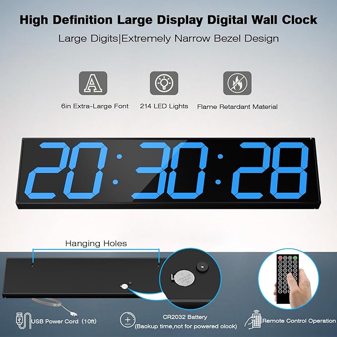 Digital Wall Clock with Large Display, 28.4‘’LED 6-Digit Large Digital Clock with Adjustable Brightness, Multifunction Gym Clock with Countdown,Stopwatch and Workout Interval Timing (Blue)