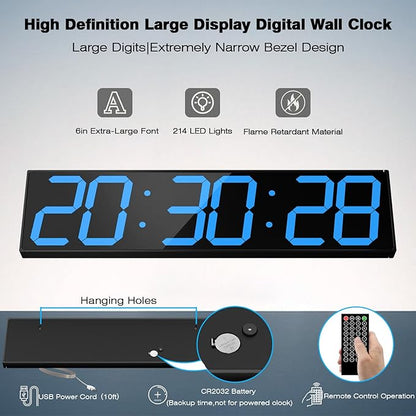 Digital Wall Clock with Large Display, 28.4‘’LED 6-Digit Large Digital Clock with Adjustable Brightness, Multifunction Gym Clock with Countdown,Stopwatch and Workout Interval Timing (Blue)