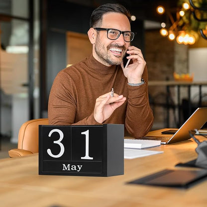 Wooden Block Calendar for Desk, Large Size Daily Desktop Perpetual Desk Calendar, Cute Date Display Desk Accessories for Home Office Decor, Teacher, Classroom, Reusable Yearly, Black
