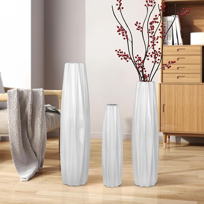 White Ceramic Floor Vase 17.7" – Origami Farmhouse Porcelain Vase for Living Room & Office Décor