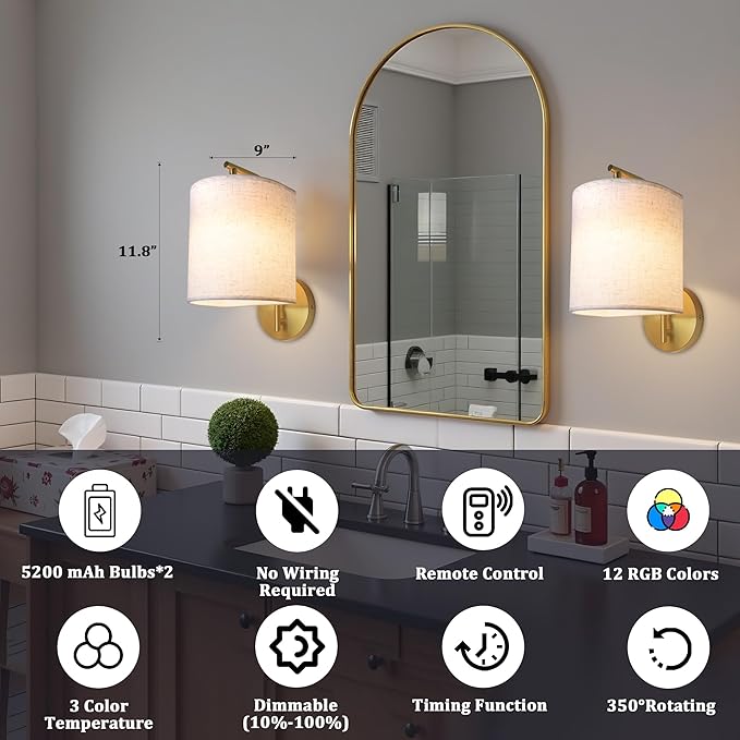 Rechargeable Battery Operated Wall Sconces Set of 2 Wireless Wall Lights with Remote Control 12 RGB Colors Magnetic Bulbs 5200mAh Battery Wireless Sconces for Bedroom Living Room (Gold)