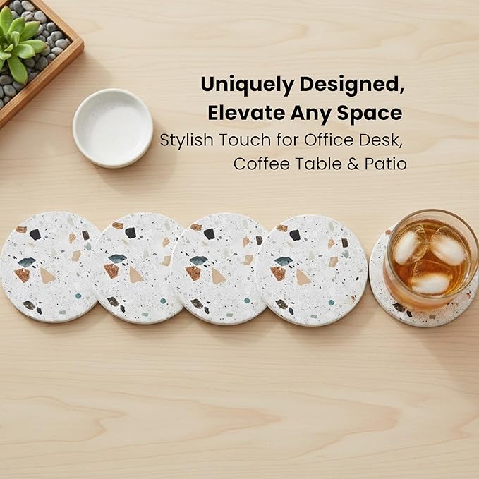 Terrazzo Drink Absorbent Coasters with Holder Set of 6, Ceramic Coaster for Drinks, Coffee Table Decor, Water Absorbing Stone Coaster for Drinks (Granite)