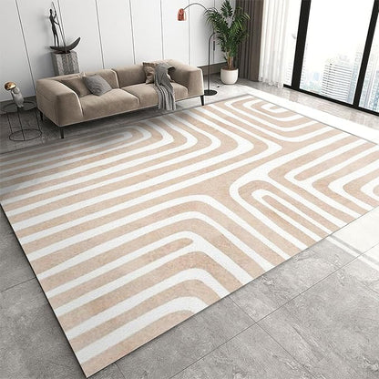 Yellow White Striped Abstract Boho Area Rug, Cream Brown Nordic Rainbow Print Large Rugs, Machine Washable Breathable Durable Carpet for Room Sofa Living Room Mat Bedroom Home Decor,2 x 3ft