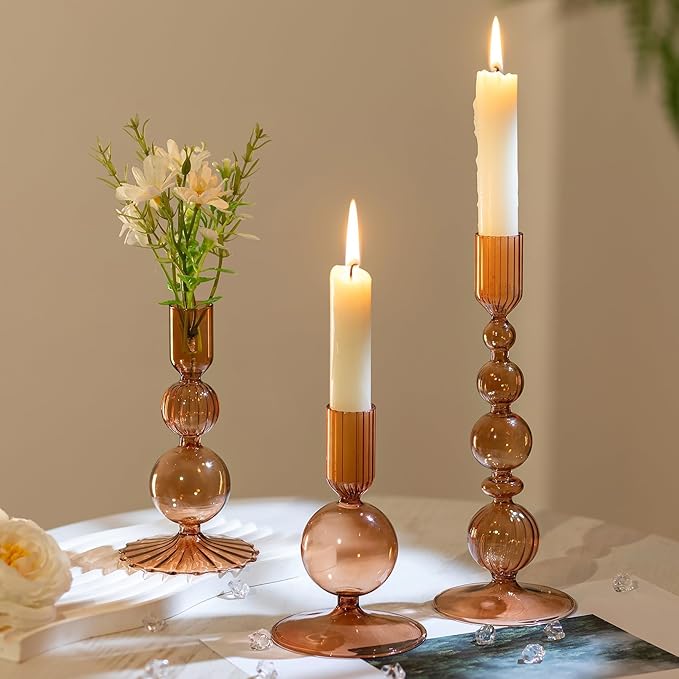 Hewory Glass Candlestick Holders Set: 3PCS Brown Candle Holder Taper Candle Holders Bulk, Crystal Ribbed Candle Sticks Holder Decor for Table Centerpiece Wedding Christmas Thanksgiving Dinner