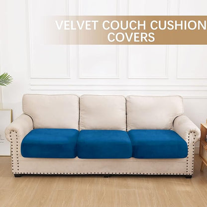 hyha Velvet Couch Cushion Covers, Soft Sofa Seat Covers for sectional 3 Cushion Couch Washable, Magic Sofa Slipcover with Elastic Bottom, Non-Slip Furniture Protector for Pets, Kid(3PC, Royal Blue)