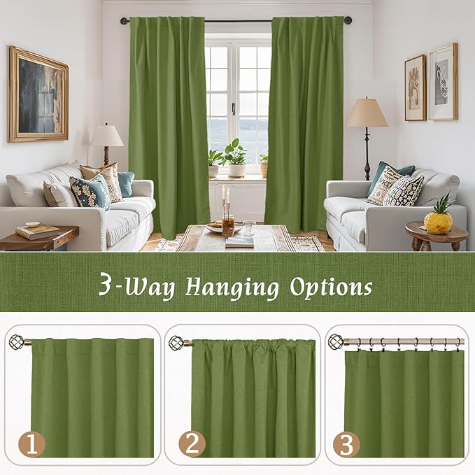 LAMIT 100% Blackout Linen Curtains 63 Inches Long, Linen Textured Living Room Bedroom Drapes Full Room Darkening Back Tab and Rod Pocket Panels with White Liner, 2 Panels, Olive Green, 60 x 63 Inch