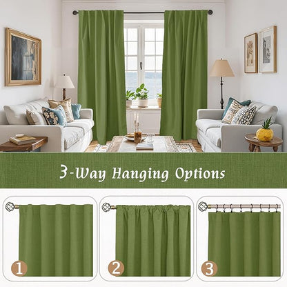 LAMIT Olive Green 100% Blackout Linen Curtains, 80 Inch Linen Textured Living Room Bedroom Drapes Room Darkening Back Tab and Rod Pocket Christmas Panels with White Liner, 2 Panels, 52 x 80 Inch