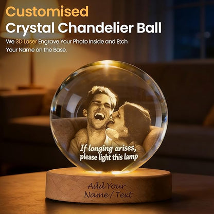 Personalized 3D Photo Crystal Ball Night Light – Custom Engraved Picture Lamp with Wood Base for Couples, Family & Pets – Ideal for Anniversary or Birthday