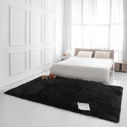 Faux Fur Rug Sheepskin Shag Fluffy Fuzzy Black 6x9 ft Rugs for Bedroom Bedside Bed Floor Living Room Plush Rectangle High-Density Cushion Carpet Super Sofa Cover