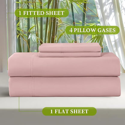 Shilucheng 100% Viscose Derived from Bamboo_ Sheets King Size 6pcs - Ultra Cooling & Silky Soft Bed Sheets, 16" Deep Pocket, Perfect for Hot Sleepers, Hotel Bedding Sheets (Light Pink)