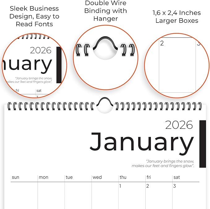 2026 Calendar, 12 Months, January to December, 17" x 12", Large Wall Calendar 2026 with Hanger, Calendar 2026 for Wall, 2026 Calendar Planner, Thick Paper, Spiral Binding, Sleek Business Design.