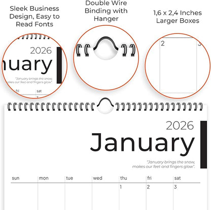 2026 Calendar, 12 Months, January to December, 17" x 12", Large Wall Calendar 2026 with Hanger, Calendar 2026 for Wall, 2026 Calendar Planner, Thick Paper, Spiral Binding, Sleek Business Design.