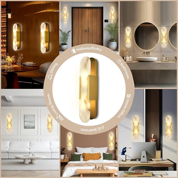 Set of 2, 19.7" Brass Alabaster Wall Sconces, Hardwired Indoor Lights, Natural Alabaster Stone Shade, Modern Oval Vanity Lighting for Bedroom, Bathroom, Hallway, Stairs