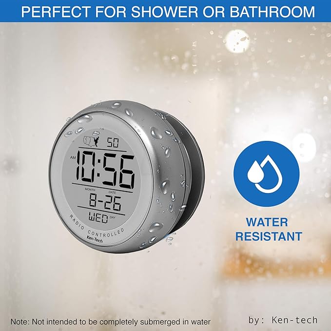 T-4660 Water Resistant Suction Cup Atomic Clock, Silver