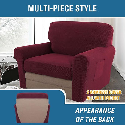 H.VERSAILTEX Multi-Pieces Chair Covers Stretch Couch Covers Form Fitted Seat and Back Cushions Covers (1 Seat Cover Plus 1 Back Cusion Cover, Bonus 2 Armrest Covers), Burgundy