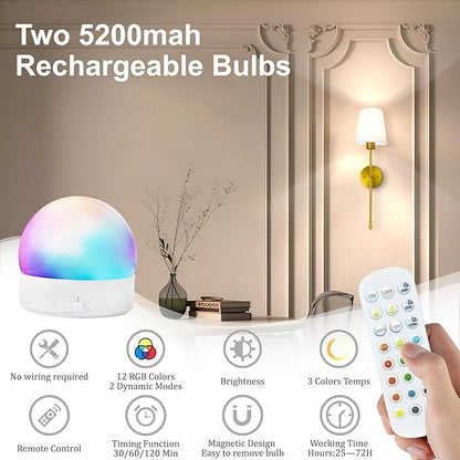 Battery Operated Wall Sconce Set of 2, 15 Colors Rechargeable Wall Lights with Dimmable Bulbs and Remote, Gold Wireless Wall Lamp for Living Room Hallway Bedroom