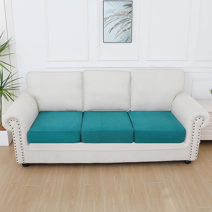Smiry Waterproof Couch Cushion Covers, Stretch Jacquard Thick Sofa Cushion Covers, Washable Seat Slipcover Elastic Furniture Protector for Pets, Kid (3PC, Peacock Green)