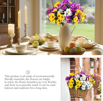 Hananona 12 Bundles Artificial Flowers Outdoor UV Resistant Artificial Silk Pansies Faux Plastic Flower in Bulk Fake Outdoor Plants(12, Yellow, White, Purple)
