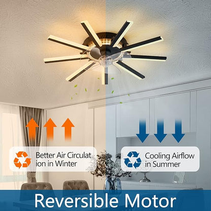 HuixuTe 27" Black Straight Strip Ceiling Fan with Lights Remote Control, 3 Colors 6 Speeds Low Profile Ceiling Fan with Light for Kitchen Bedroom