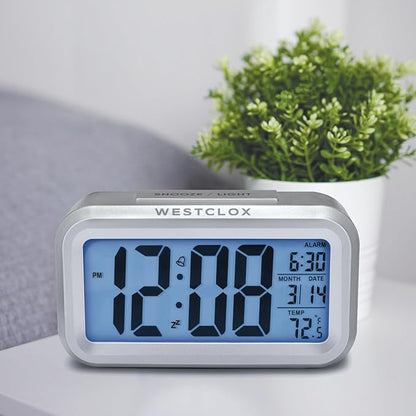 Westclox Alarm Clock with Large Digital Display and Blue Backlight on Demand, Westclox Alarm Clock, Month/Date and Temperature Display with Ascending 5 Minute Snooze Alarm, Silver