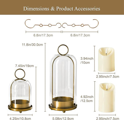 5"&4" Metal Candle Holder with Handmade Glass Dome in Brass & 2 Timer Candles, Set of 2 Versatile Hurricane Glass Candle Holders for Pillar Candles & Plants