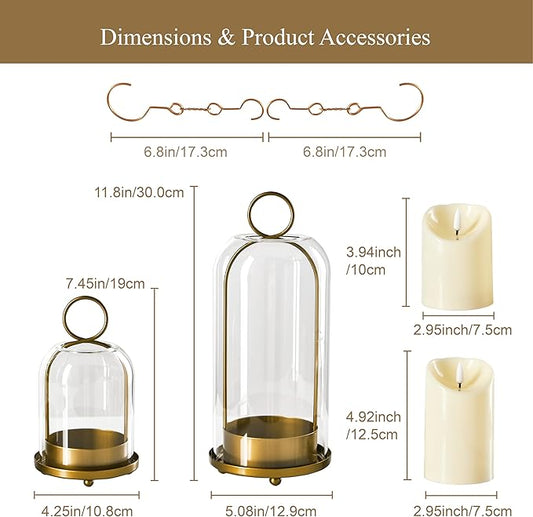 5"&4" Metal Candle Holder with Handmade Glass Dome in Brass & 2 Timer Candles, Set of 2 Versatile Hurricane Glass Candle Holders for Pillar Candles & Plants