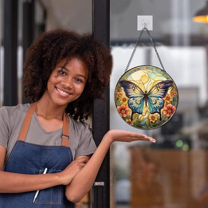 Rngmsi Butterfly Stained Glass Window Hanging Decor, 7.8″ Sun Catchers Stain Glass Window Hanging Indoor, Flower Suncatcher with Hook Home Wall Art Gift for Thanksgiving Christmas Housewarming