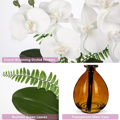 Oairse White Orchids Artificial Flowers, Faux Orchid in Glass Vase Real Touch Small Phalaenopsis Orchid Flowers Arrangements with Amber Vase Orchids Centerpiece for Dining Room Table