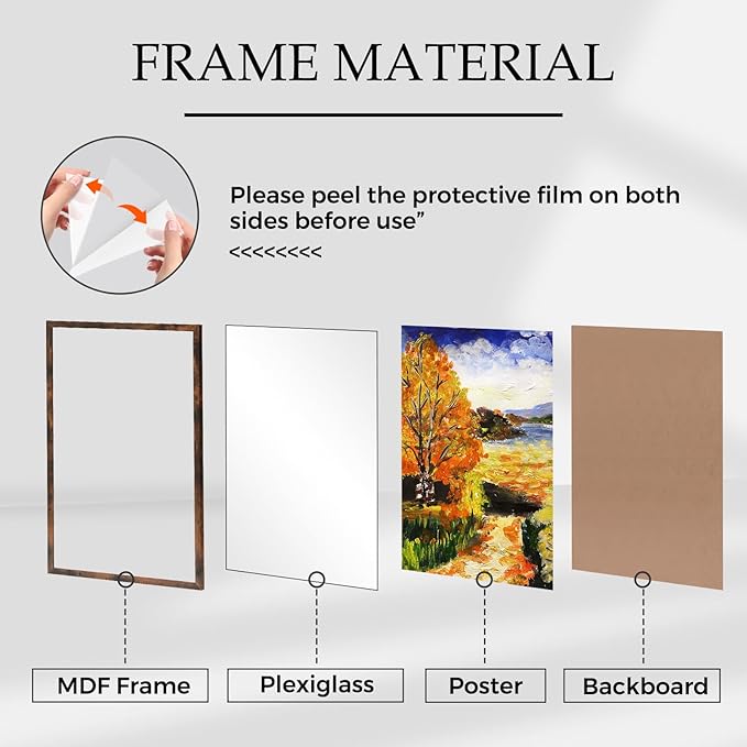 Muzilife 24×36" Large Poster Frame 1 Pack, Engineered Wood Movie Poster Picture Frames with HD Plexiglass Cover and Hanging Hardware for Horizontal or Vertical, Honey Brown