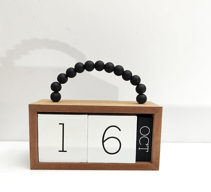 Wooden Perpetual Calendar for Desk, Metal Wood Month Date Display for Teachers, Students, Classroom, Rustic Farmhouse Office Decor, Desk Accessories (Black wood beads)